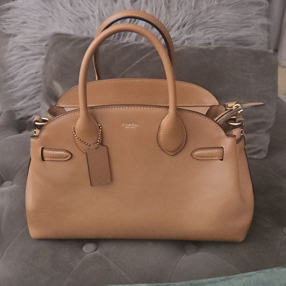 Coach 28 EMPIRE HONEY  Leather Satchel with Blue and Cream Scarf-Wrapped Handles